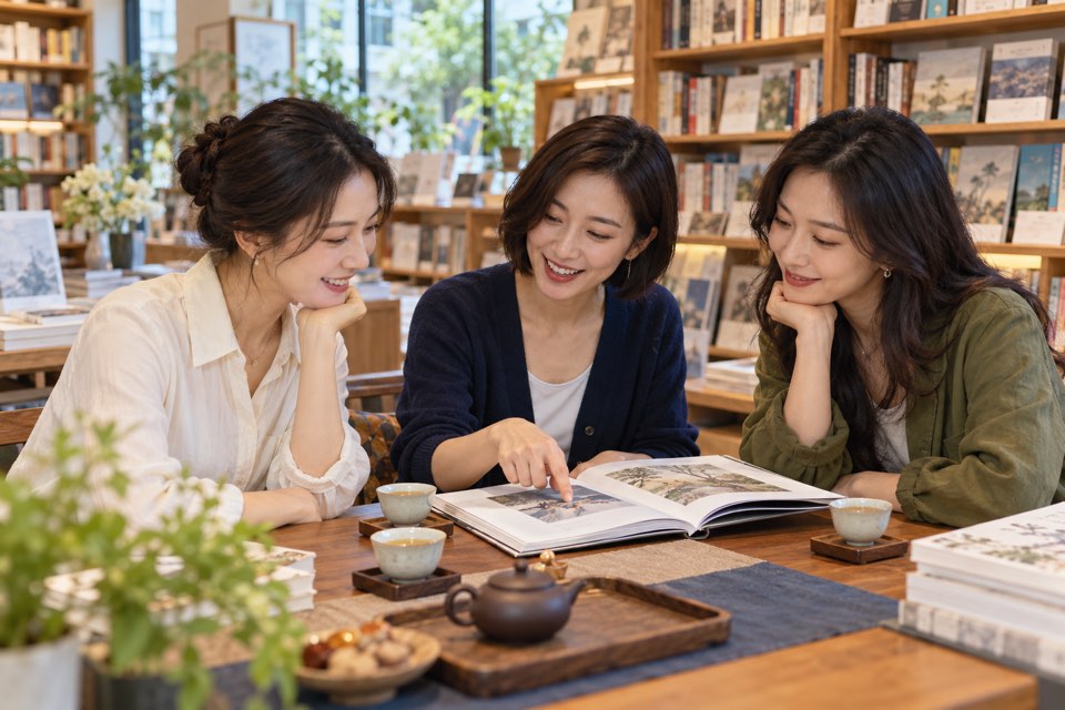 书店环境中阅读与交流的场景示意